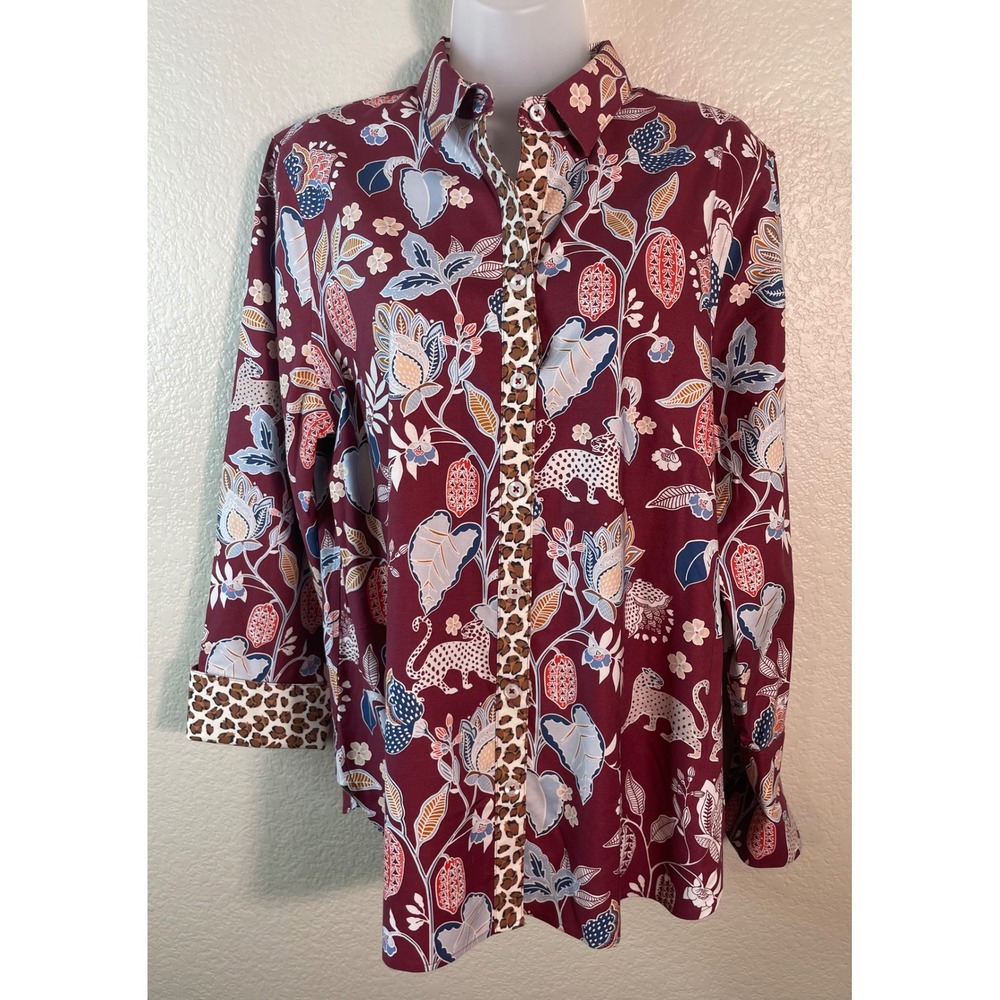 Chicos 2 US 12 Button Down Shirt Burgundy Leopard Floral No Iron Stretch Preppy
